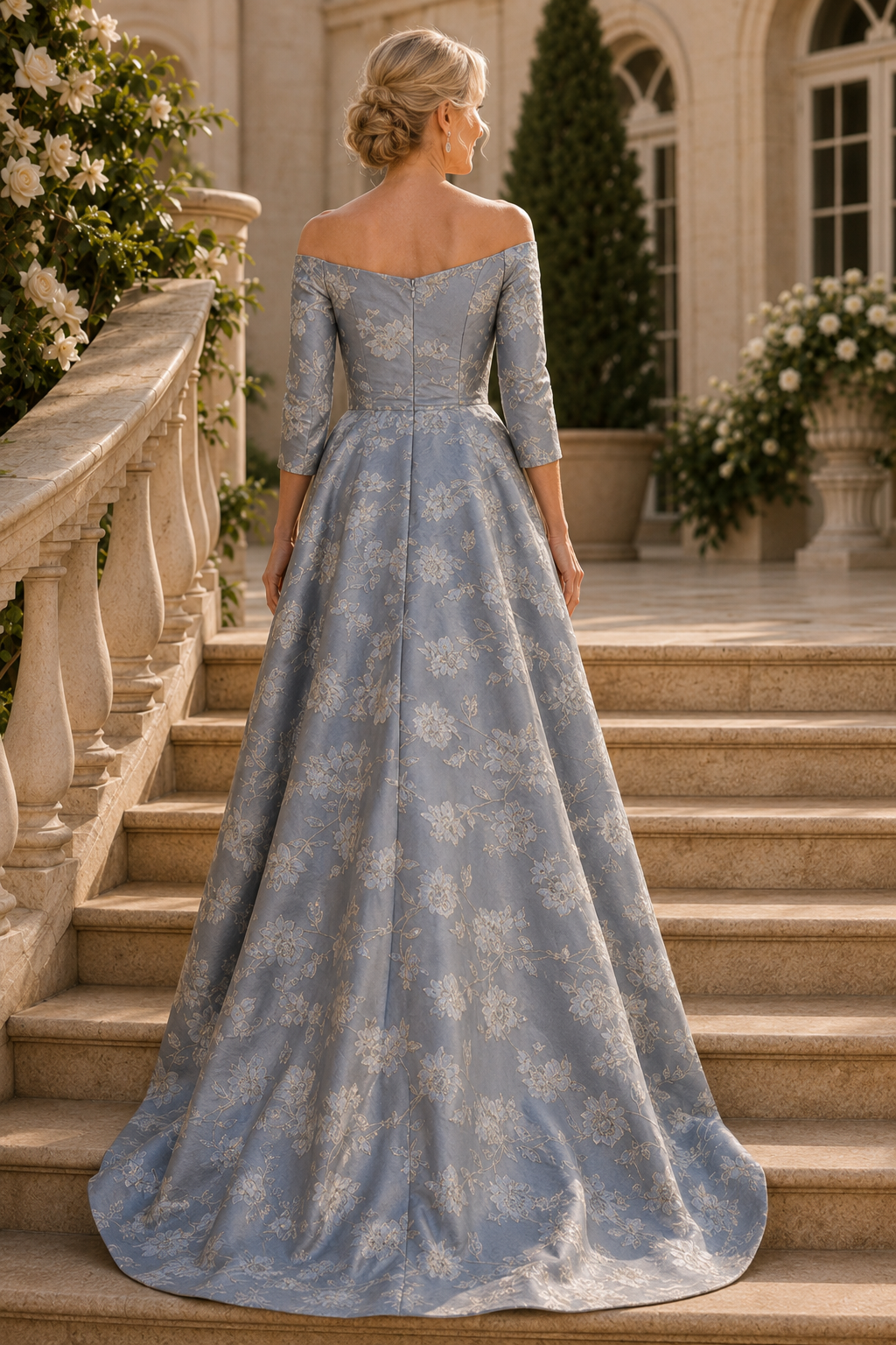 Floral Jacquard High-Low Formal Gown with 3/4 Sleeves