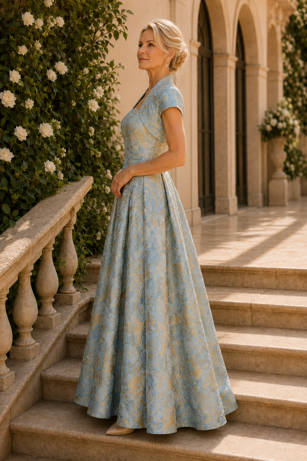 Brocade A-Line Formal Gown with Cropped Bolero