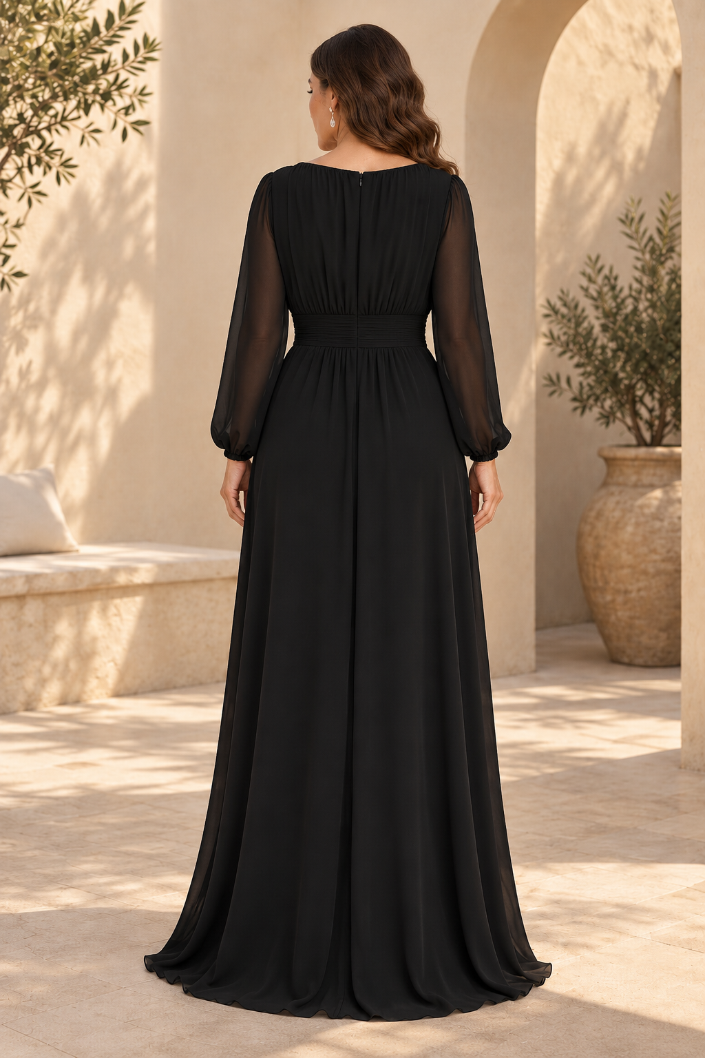 Pleated Square Neck Long Sleeve Evening Gown