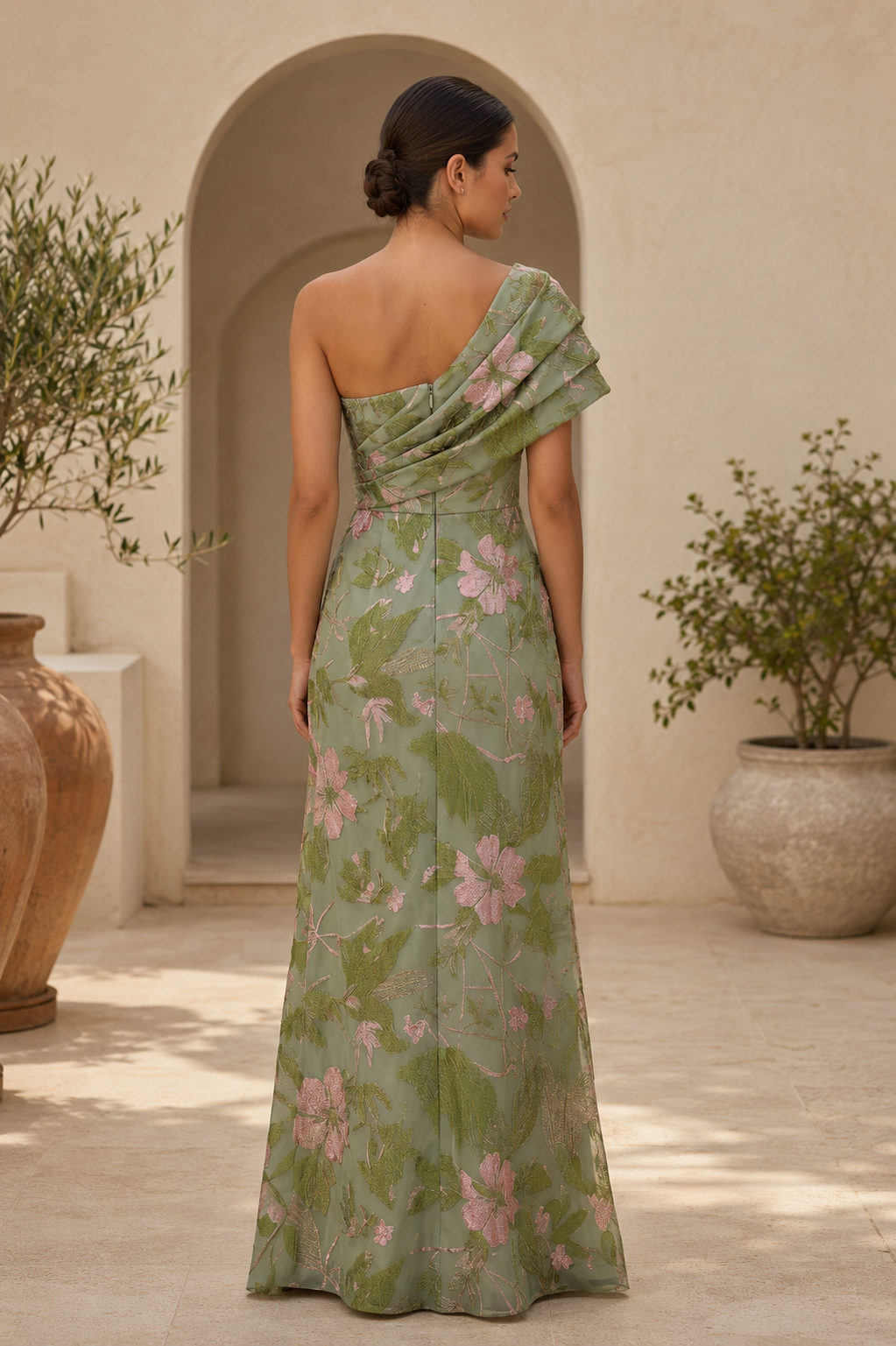 One-Shoulder Floral Print Gown with Pleated Drape