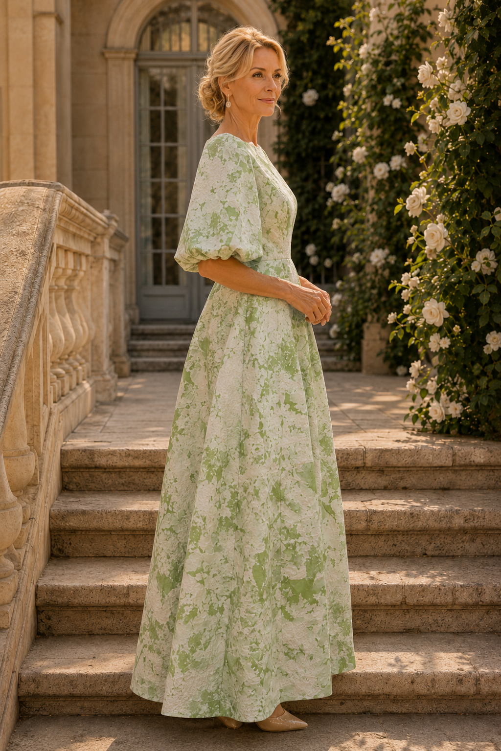 Puff Sleeve Pleated A-Line Maxi Dress