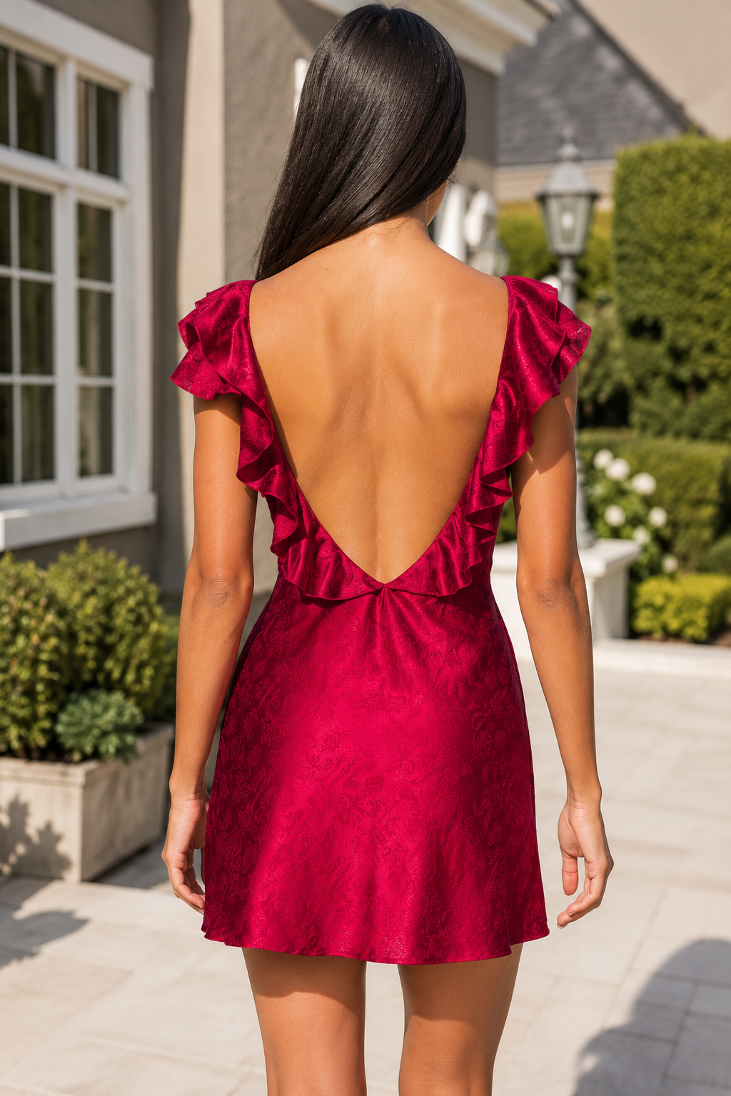 Jacquard Satin Ruffled Open Back Mini Dress
