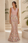 V-Neck Sleeveless Floral Embroidered Mermaid Gown