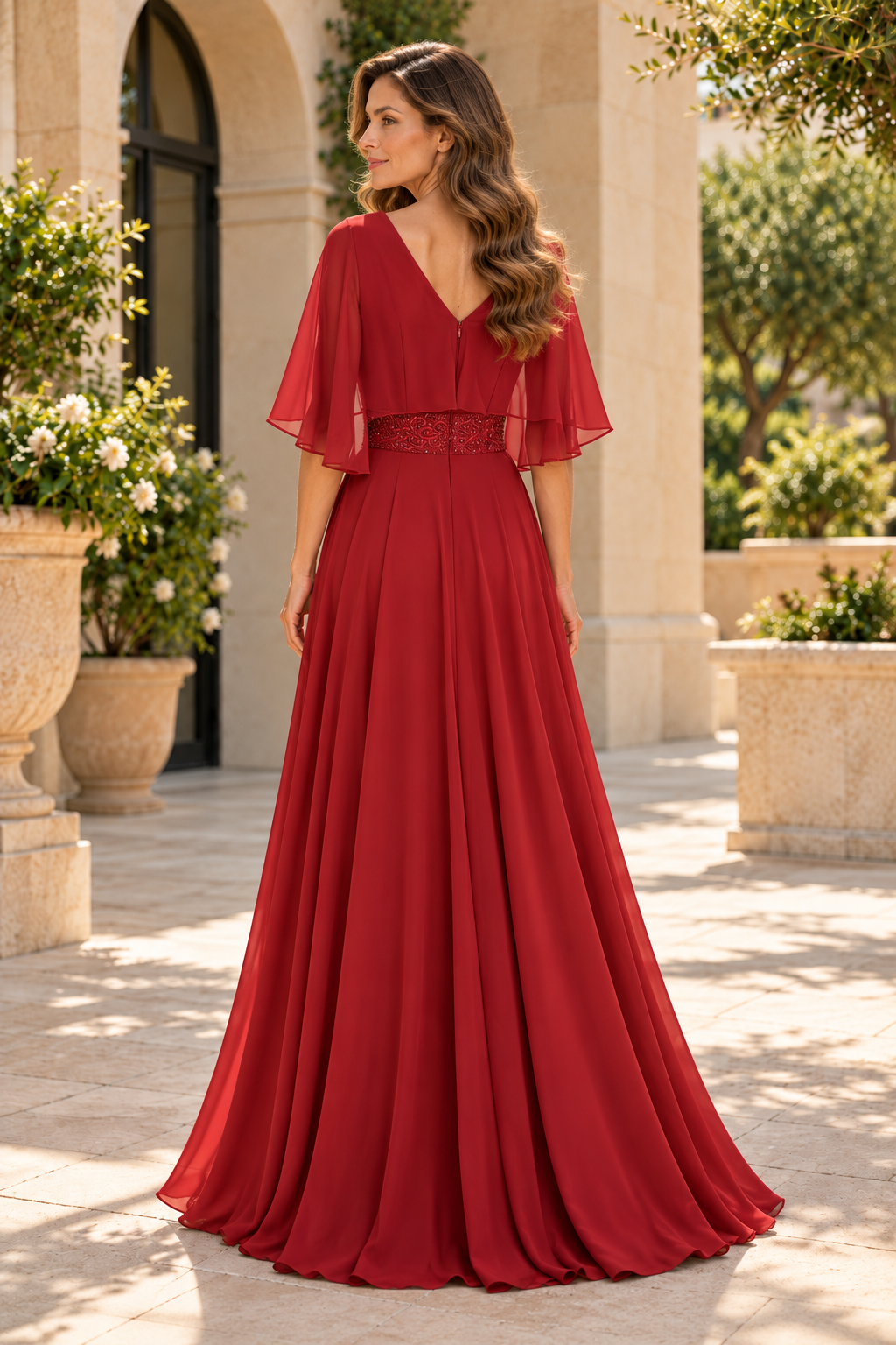 Flutter Sleeve V-Neck A-Line Gown with Beaded Waist