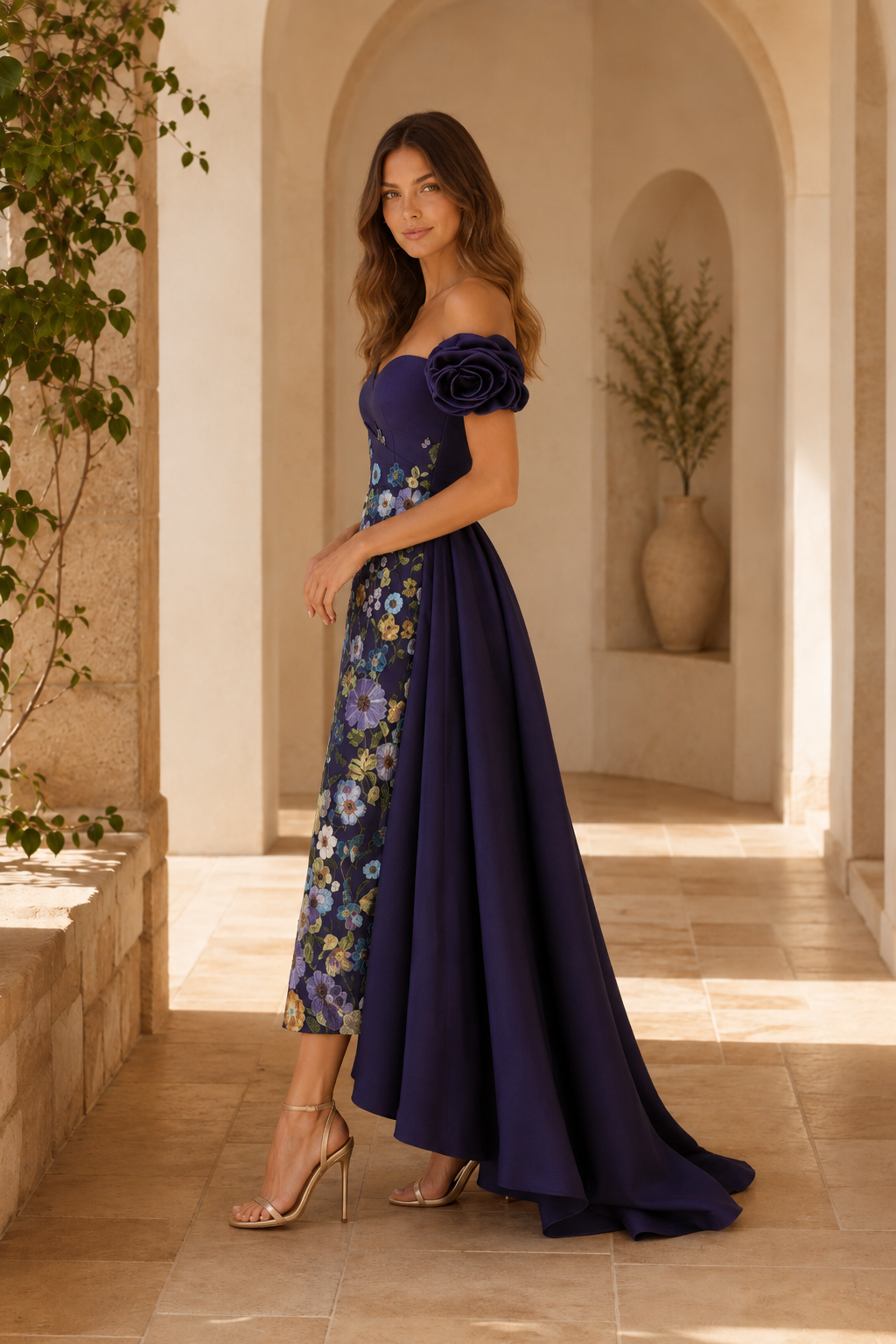 Off-Shoulder Floral Gown with Rosette Straps & Overskirt