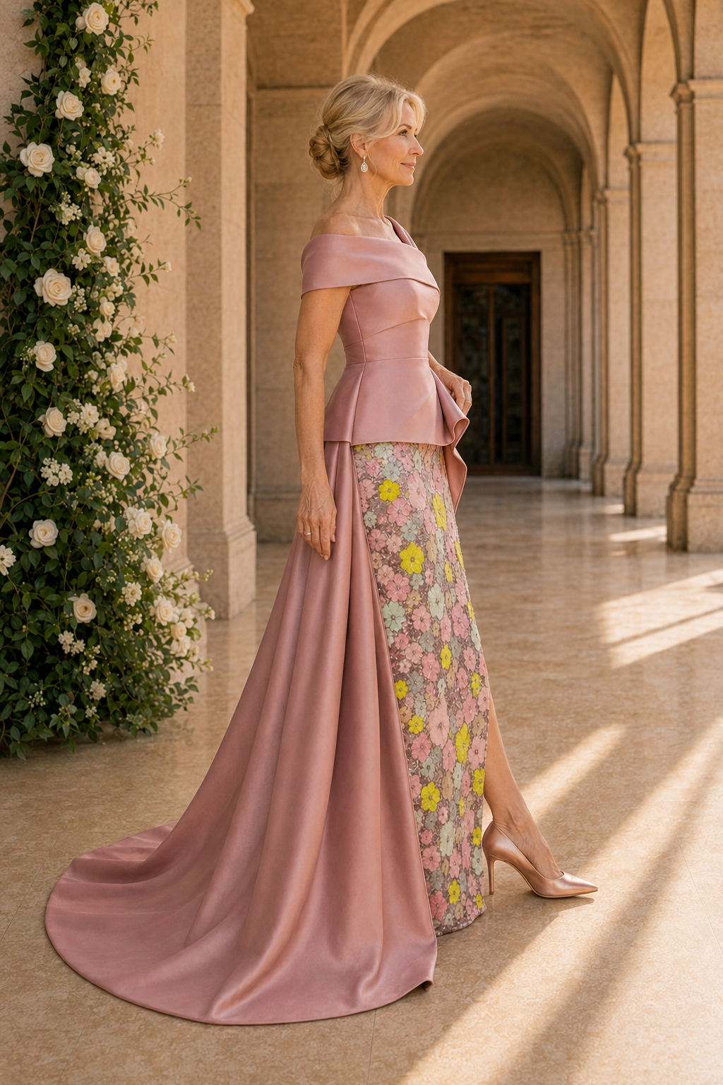 Asymmetrical Satin Evening Gown with Floral Skirt