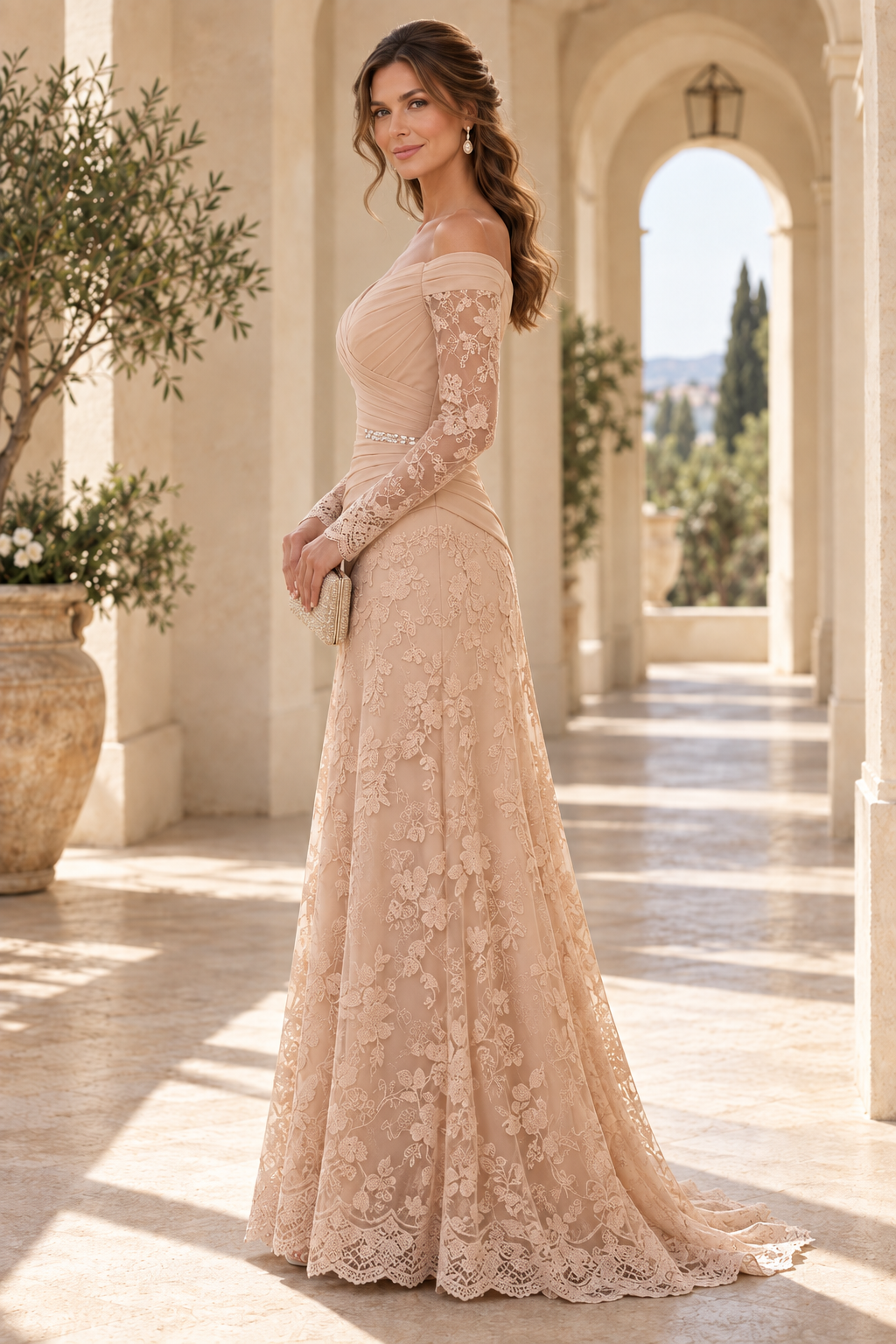Off-the-Shoulder Ruched Bodice Lace Gown