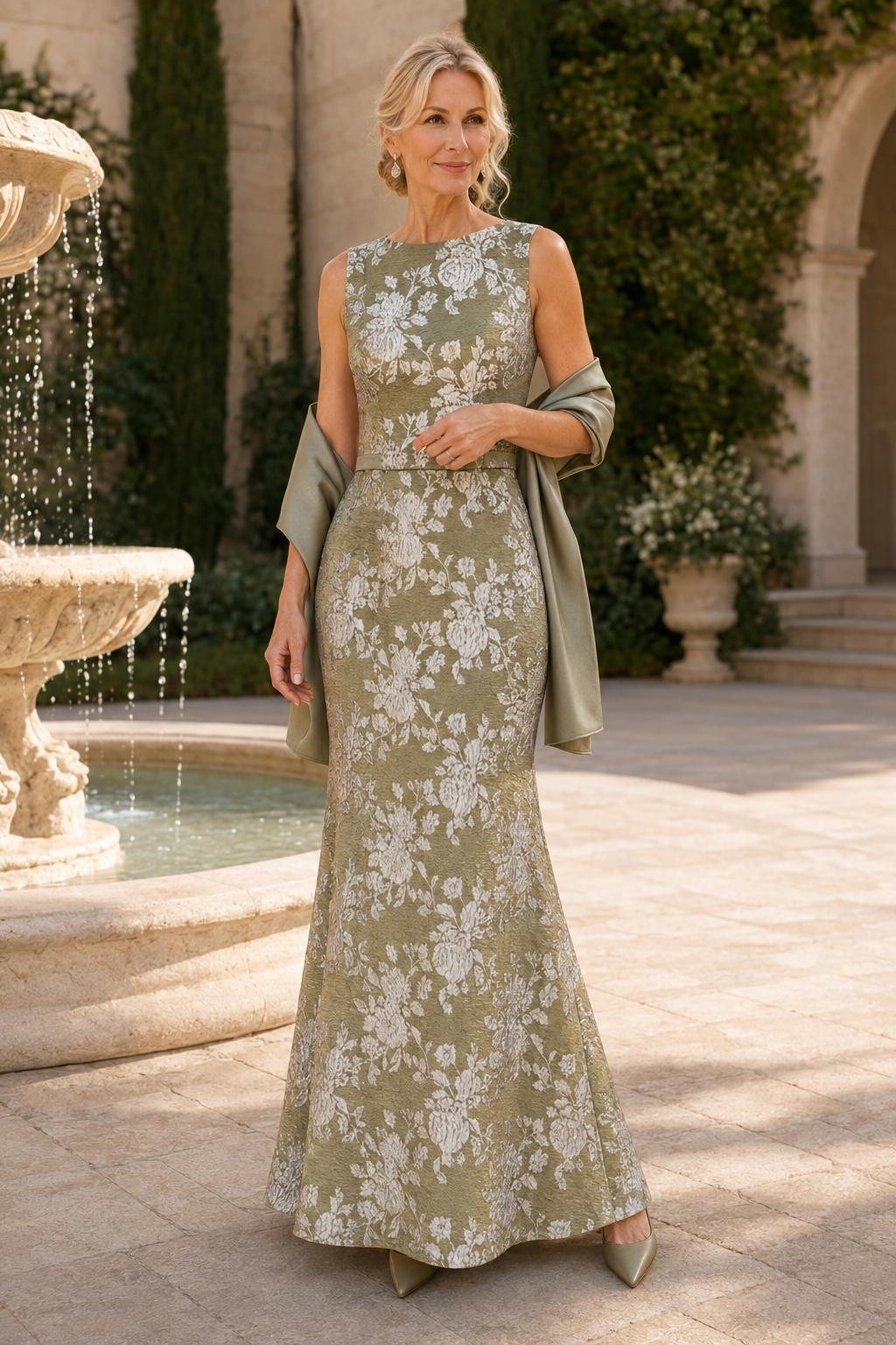 Floral Jacquard Sleeveless Trumpet Evening Gown