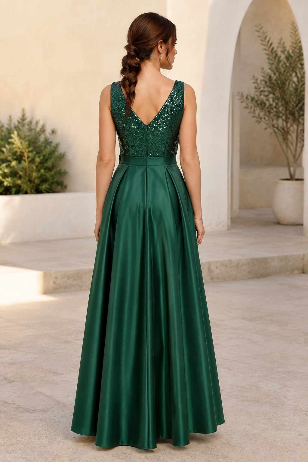 Sequin Bodice High-Low Satin Evening Gown
