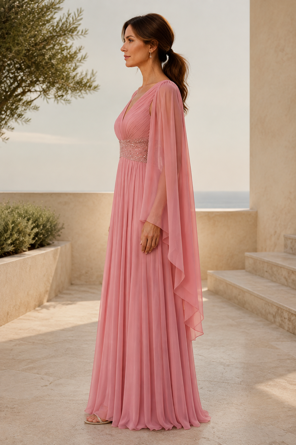 Cape-Sleeve Chiffon Evening Gown with Beaded Waist