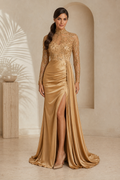 Embellished Illusion Gown with Side Drape