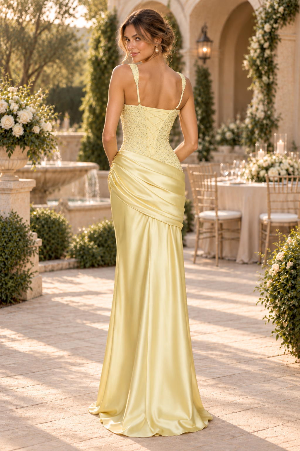 Beaded Corset Evening Gown with Ruched Satin Skirt
