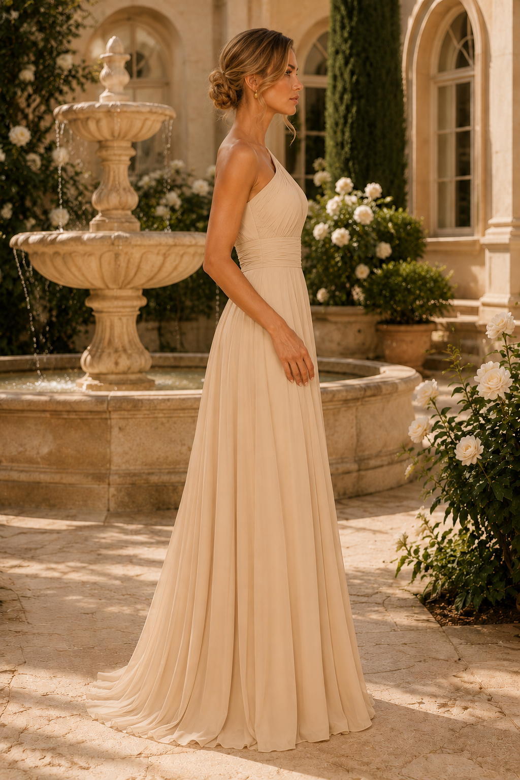 One-Shoulder Pleated Chiffon Maxi Dress