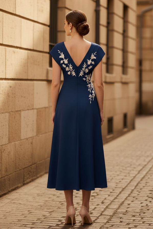 Cap Sleeve V-Neck Applique Midi Dress