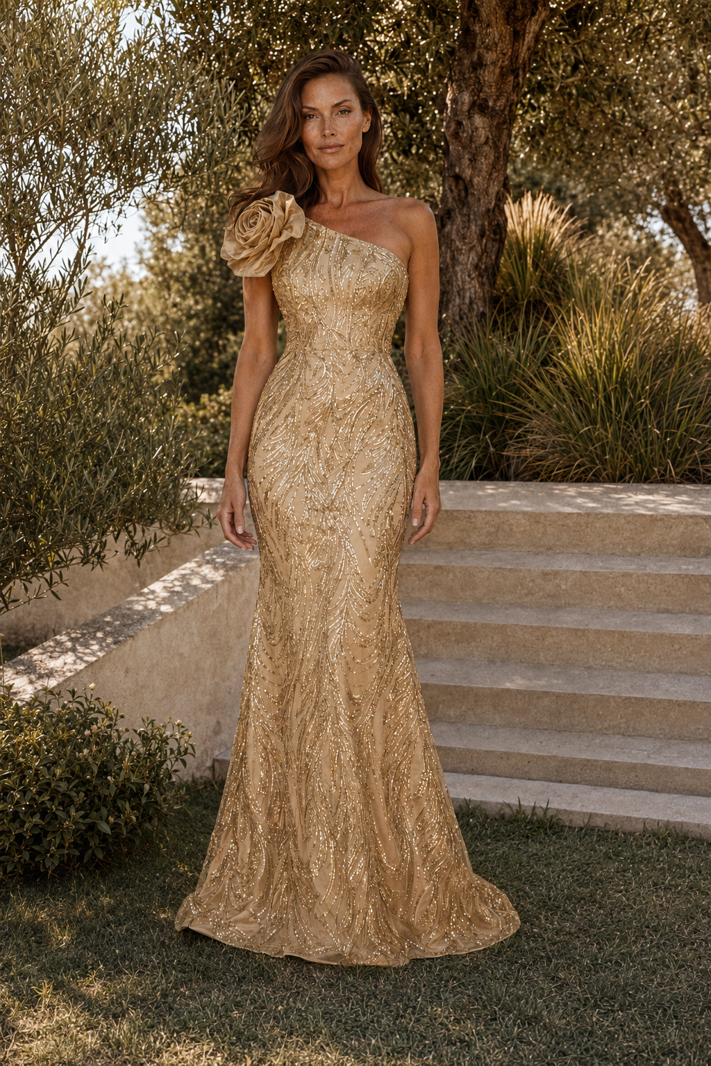 One-Shoulder Floral Sequin Mermaid Evening Gown