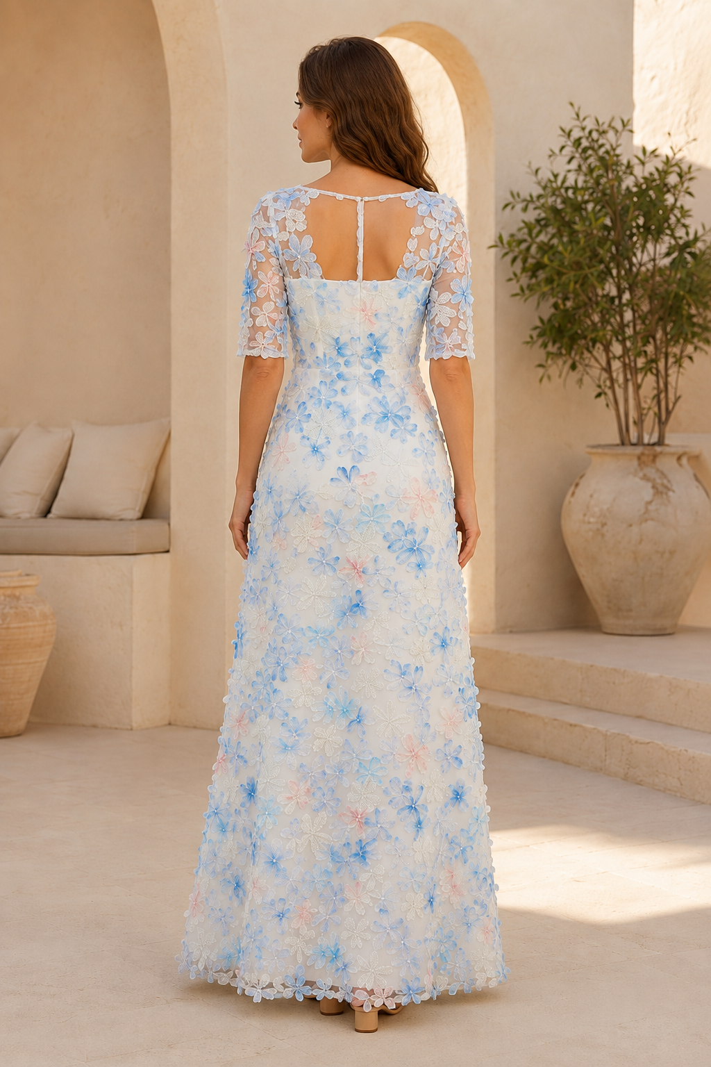 3D Floral Applique A-Line Illusion Gown