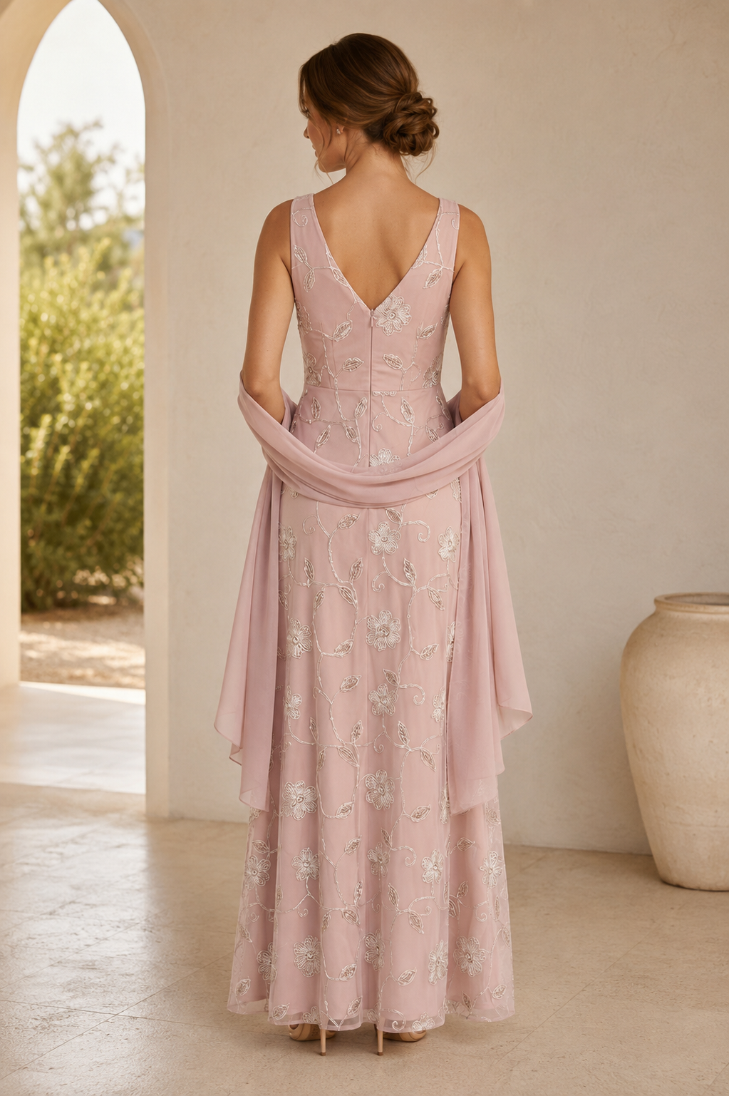 Floral Embroidered V-Neck Gown with Chiffon Shawl