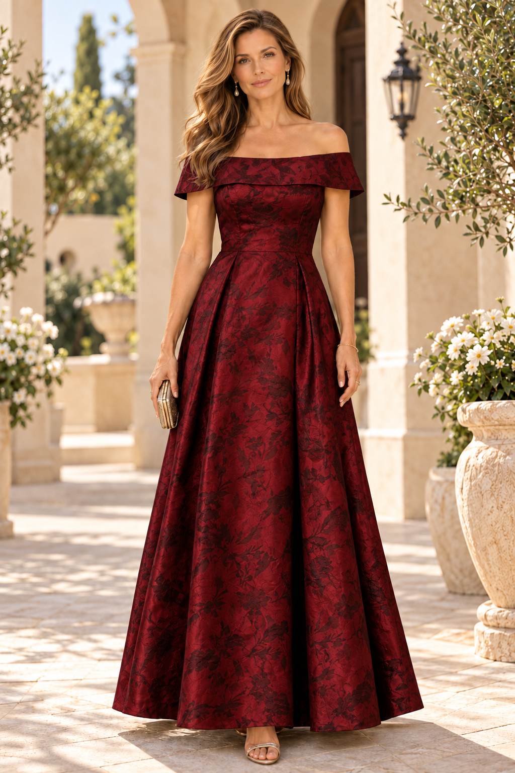 Off-the-Shoulder Jacquard A-Line Gown