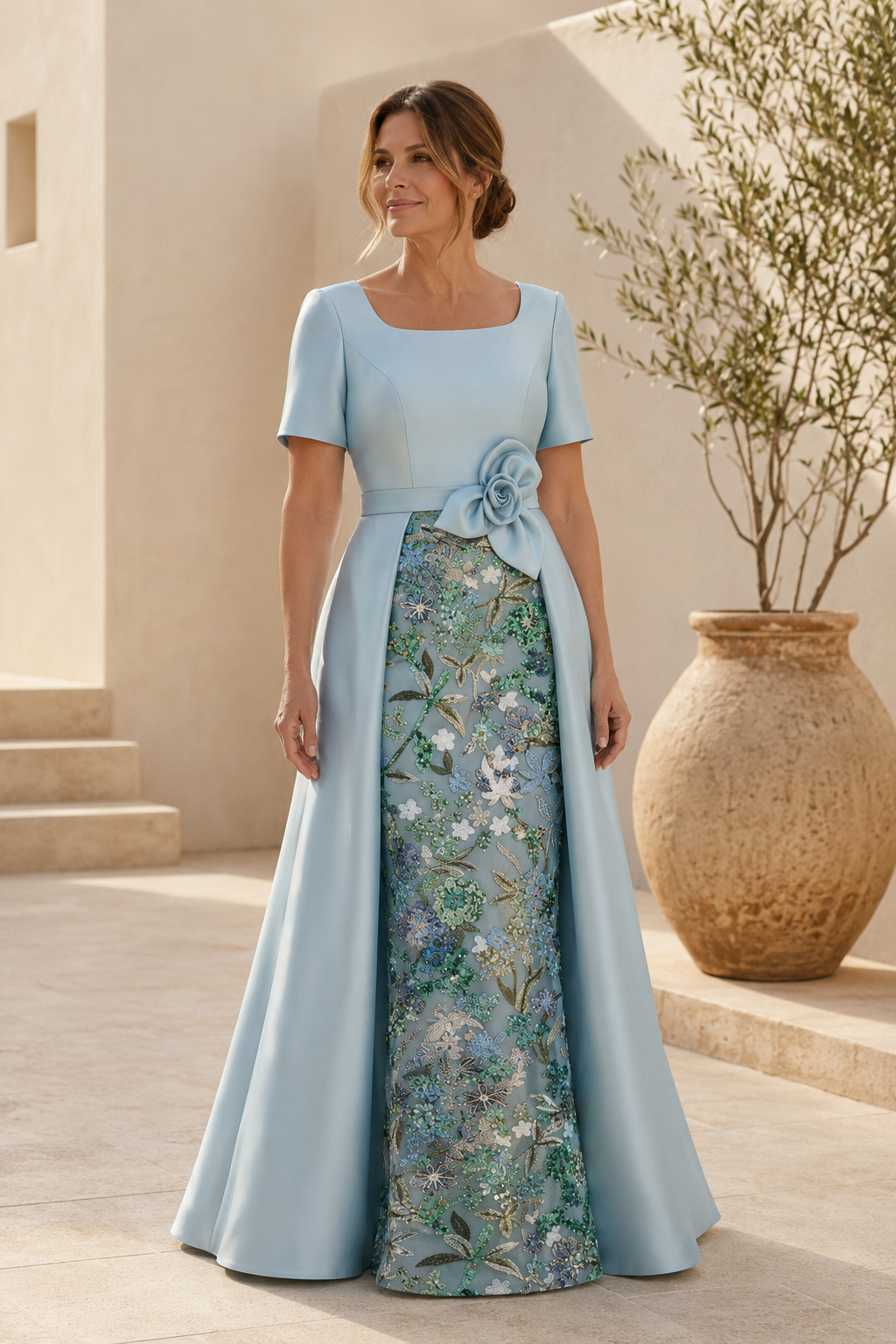 Square Neck Short Sleeve Gown with Embroidered Skirt
