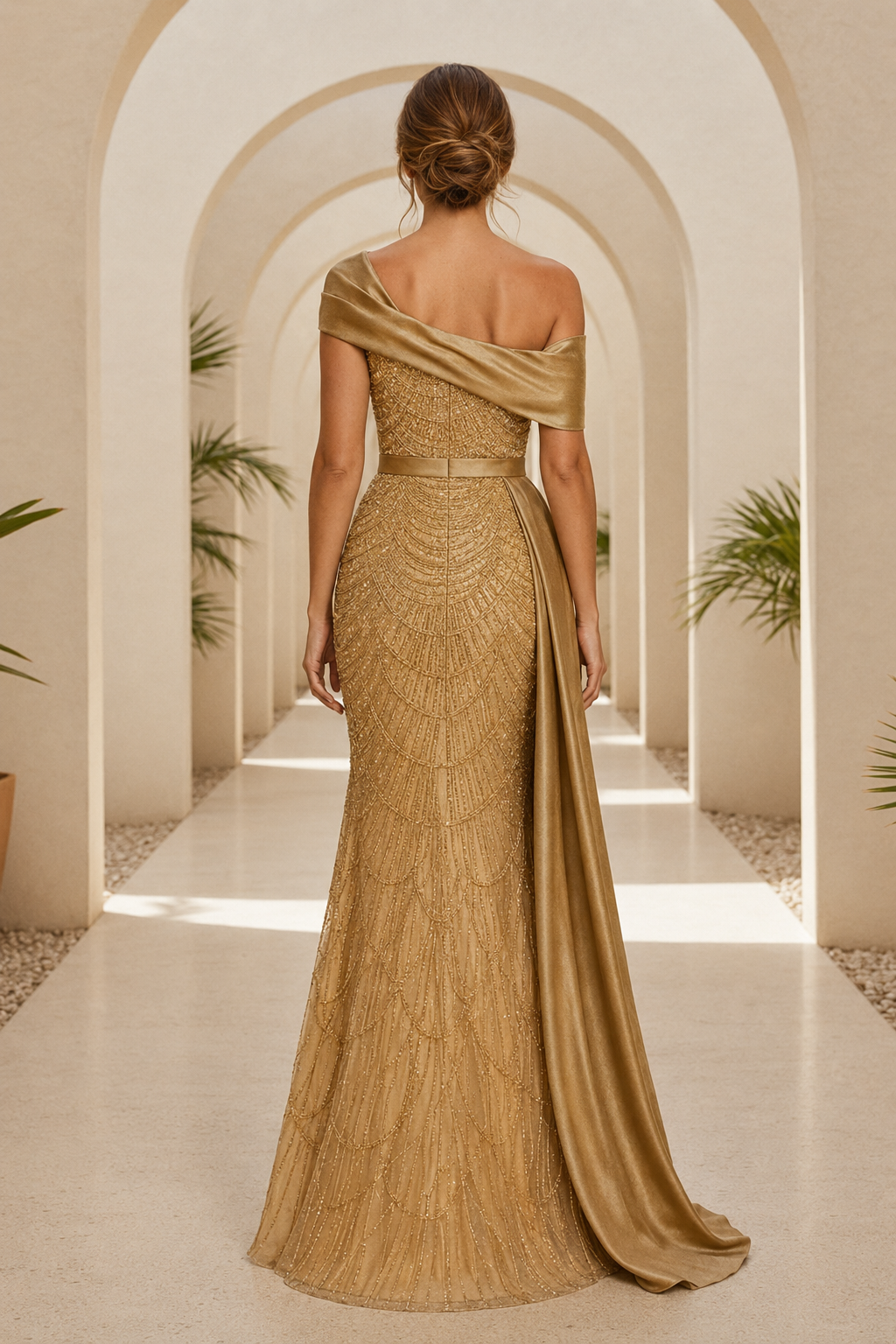 Beaded Asymmetrical Neckline Gown with Side Drape