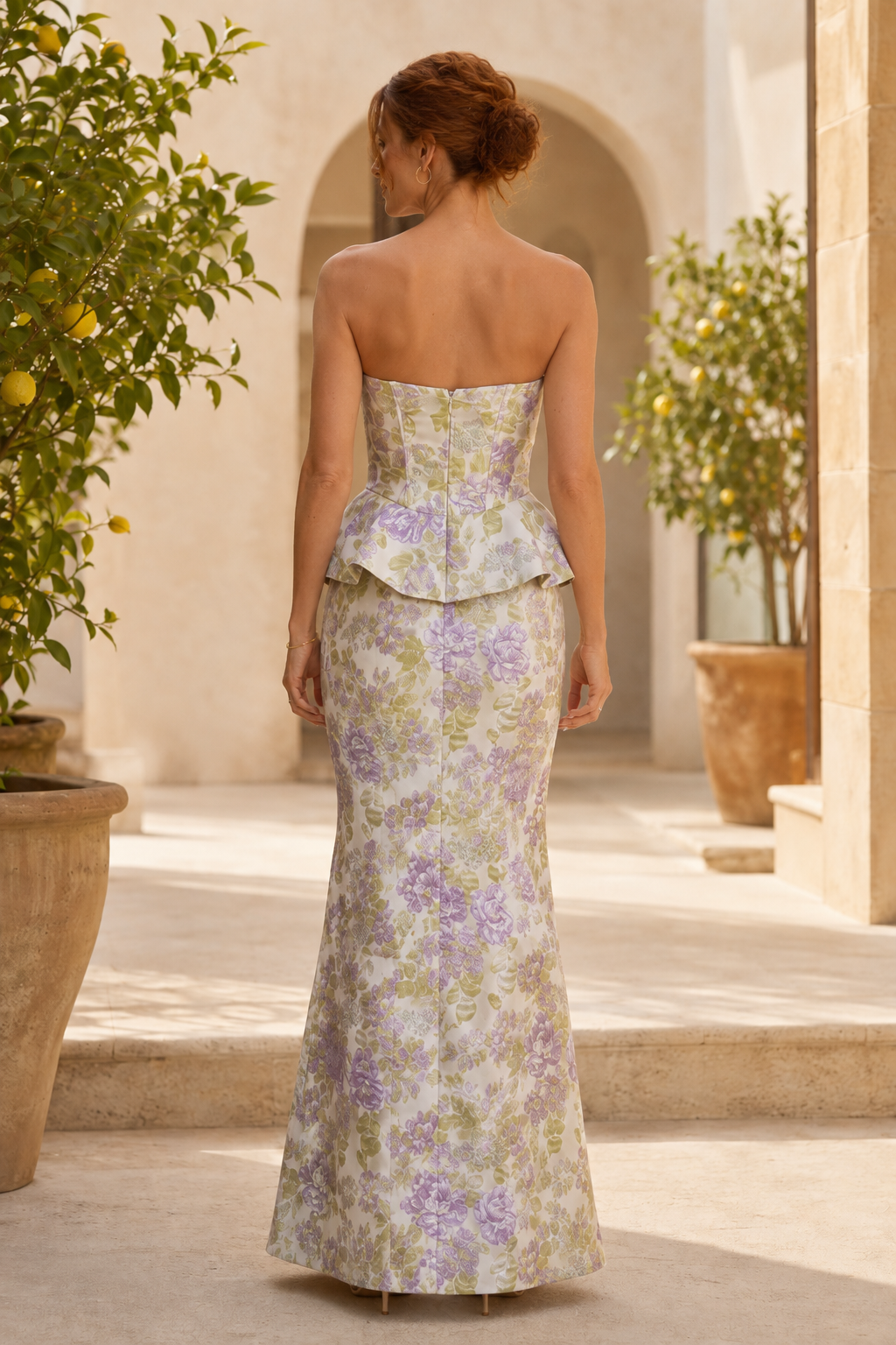 Strapless Peplum Corset Maxi Dress with Floral Print
