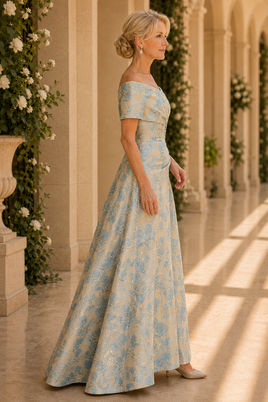Off-the-Shoulder Floral Jacquard A-Line Gown