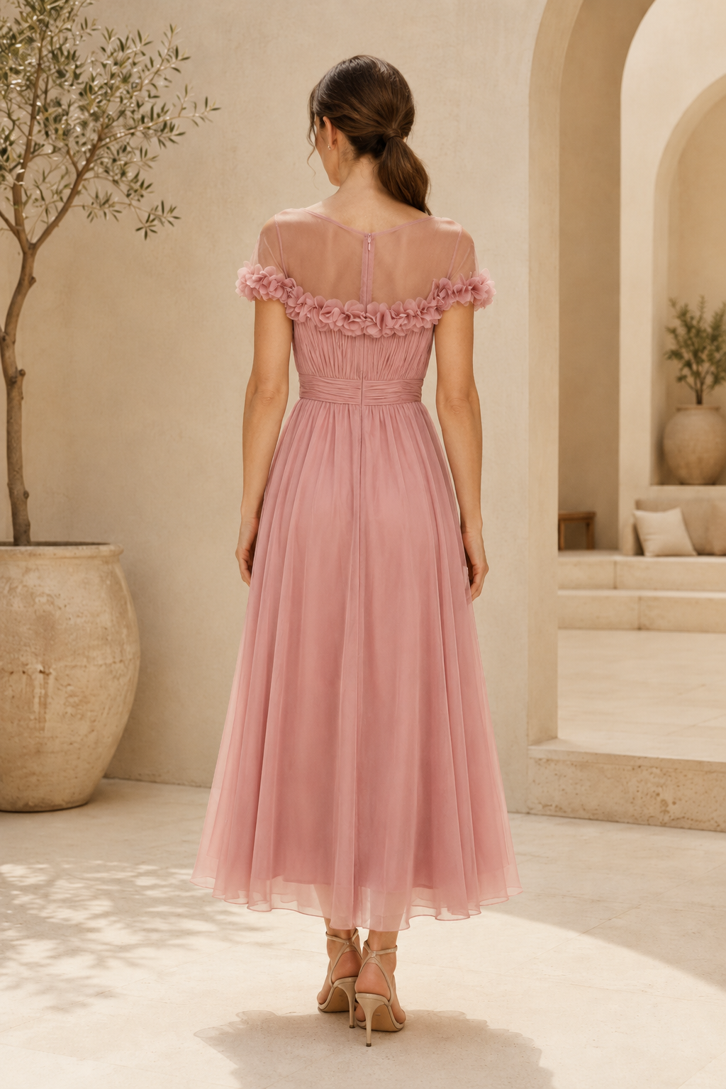 Illusion Neckline 3D Floral Trim Chiffon Midi Dress