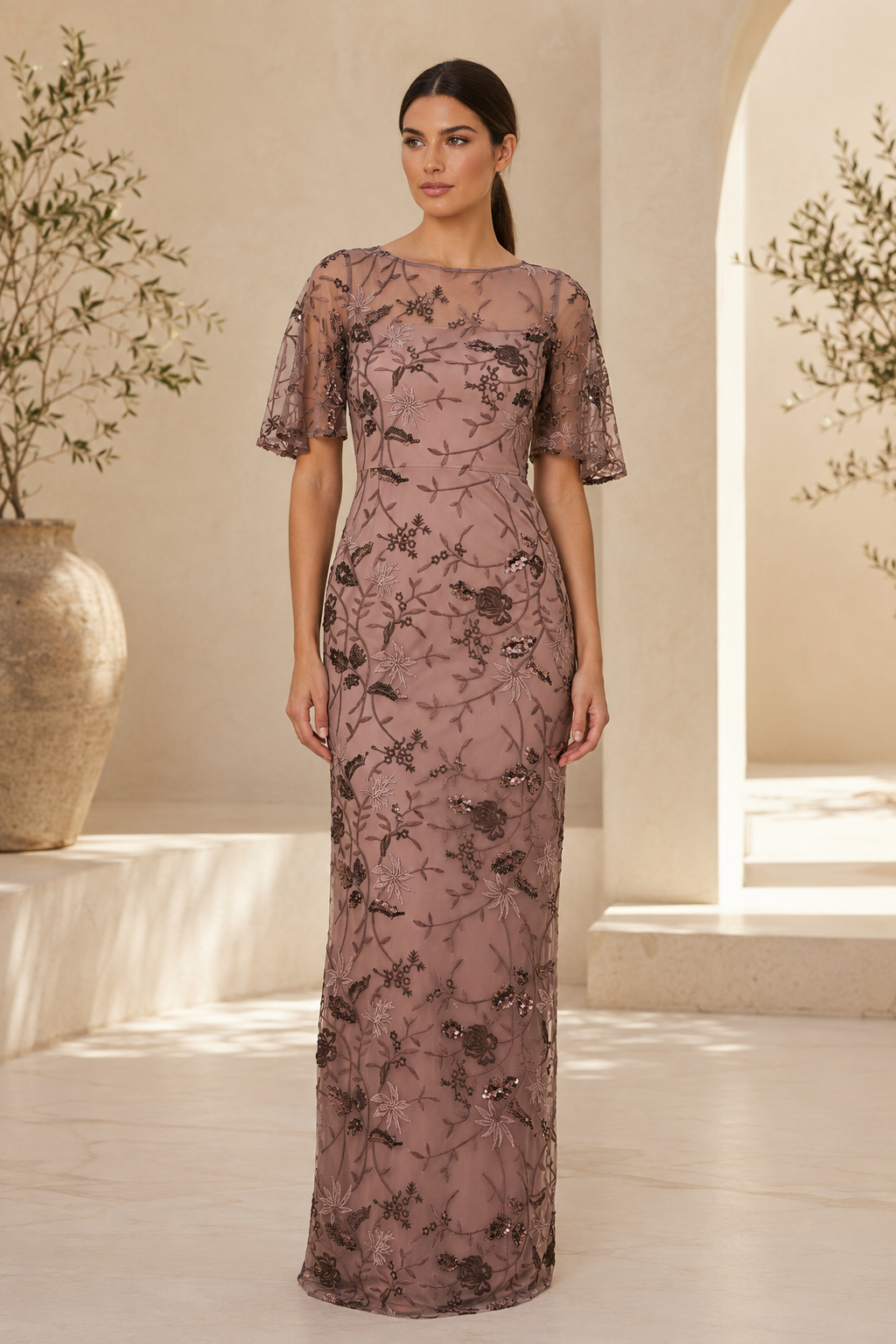 Floral Embroidered Sequin Illusion Sheath Evening Gown