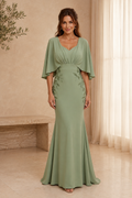 Mermaid Evening Gown with Flutter Sleeves & Vine Embroidery