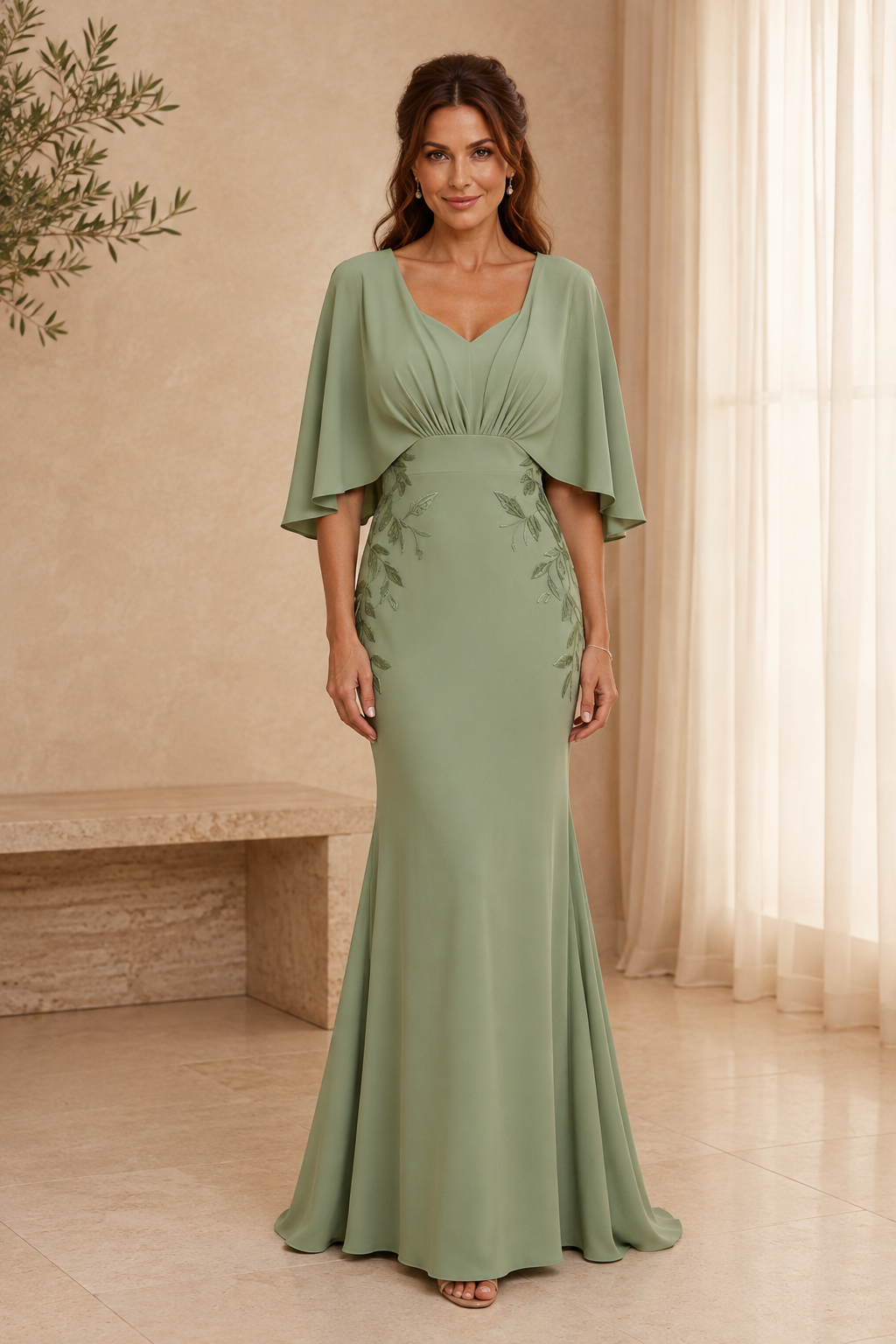Mermaid Evening Gown with Flutter Sleeves & Vine Embroidery