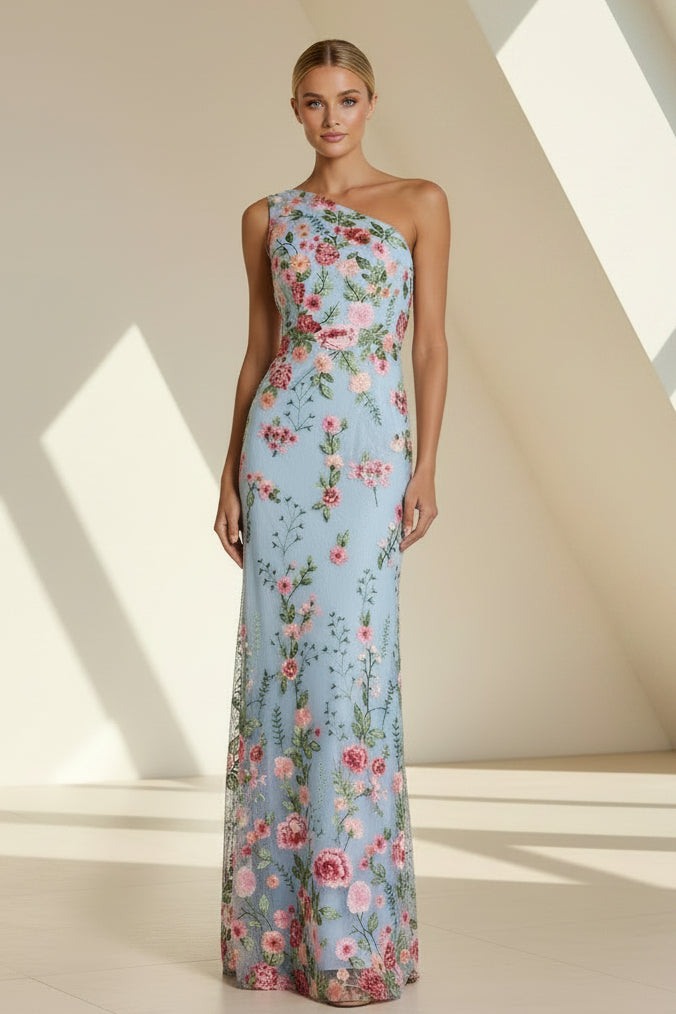 Embroidered Floral One-Shoulder Evening Gown