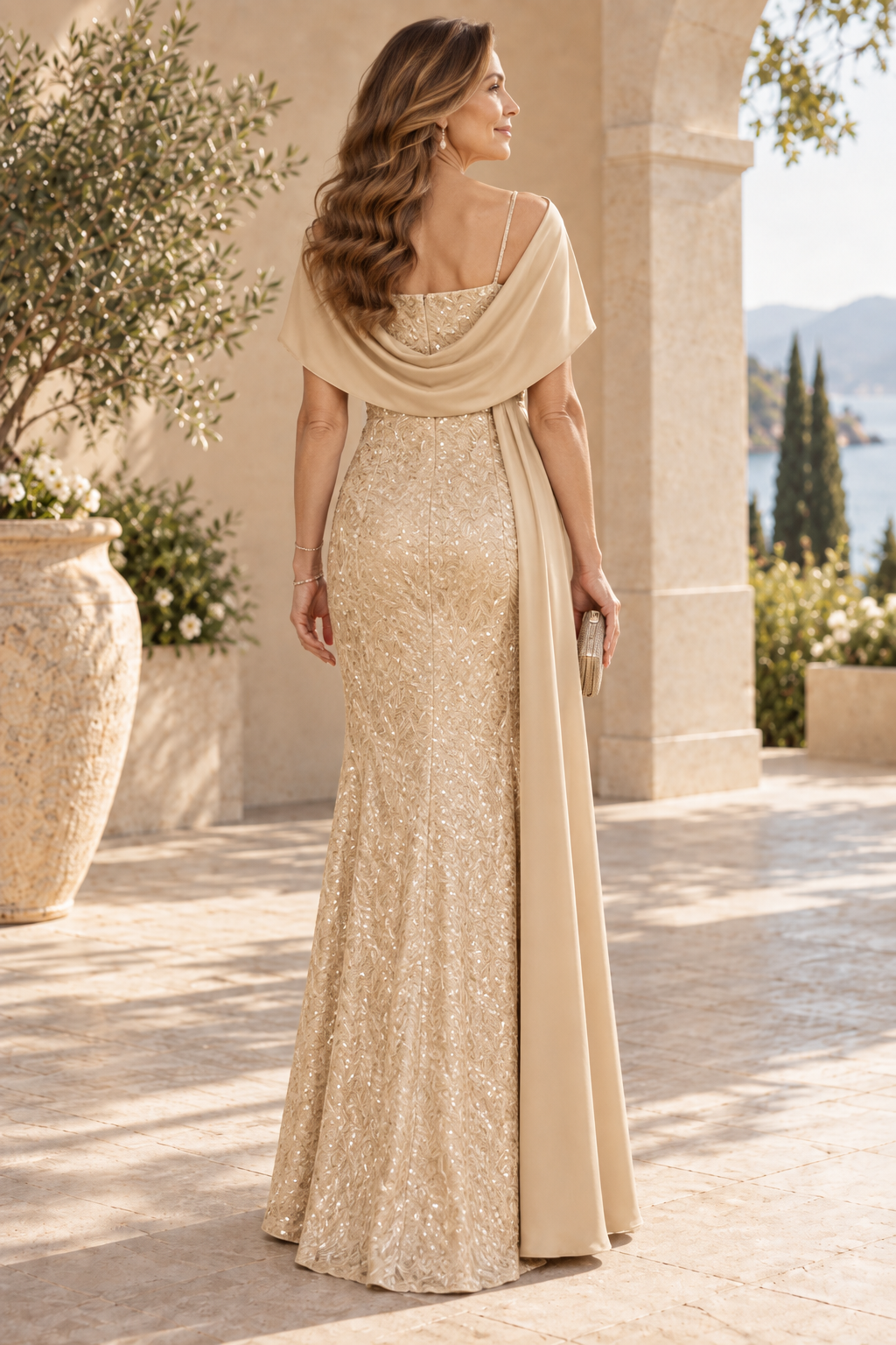 Sequin Floor-Length Gown with Draped Shawl