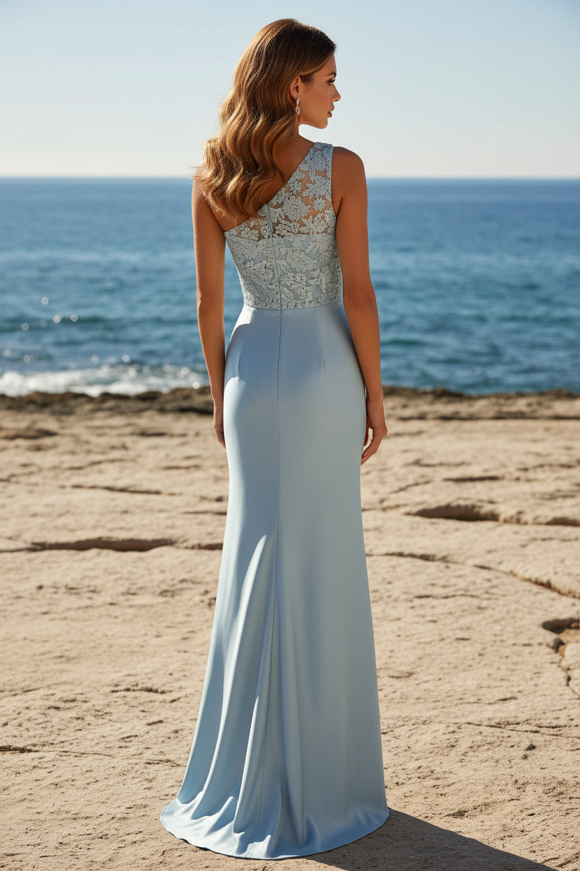 One-Shoulder Lace Bodice Satin Column Gown