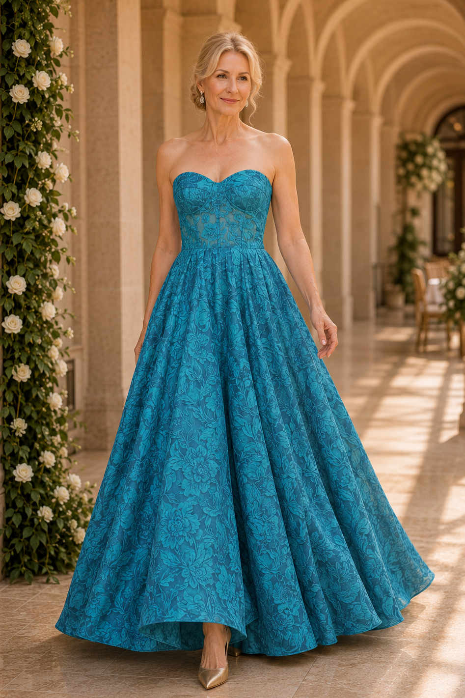 Strapless Jacquard Floral Ball Gown