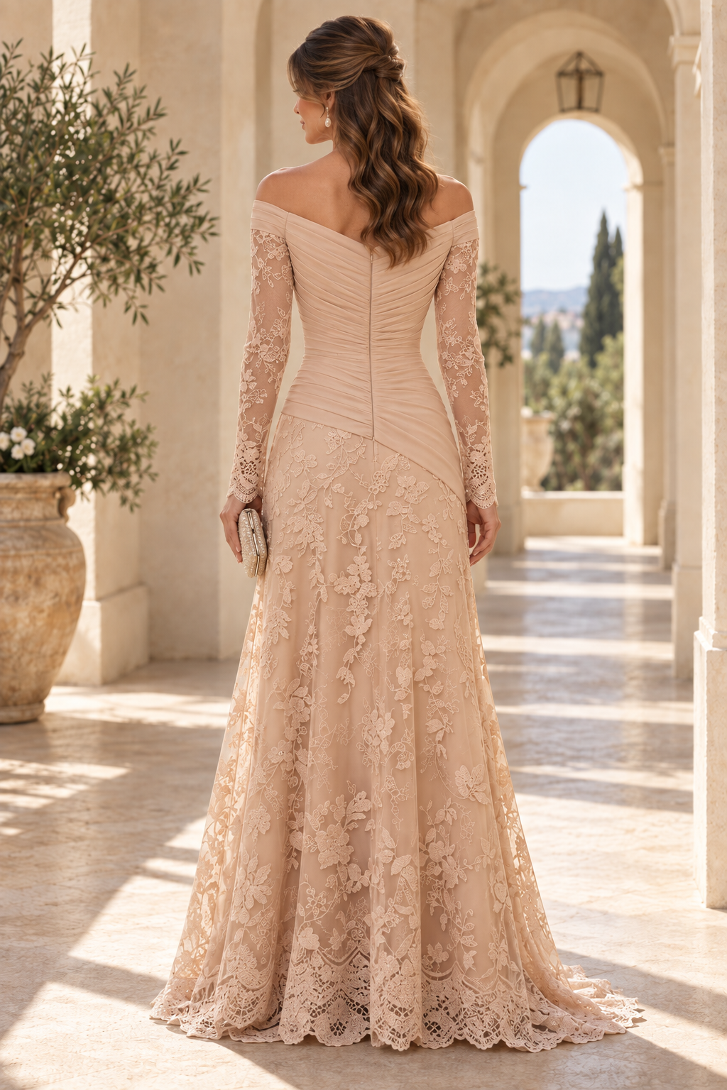 Off-the-Shoulder Ruched Bodice Lace Gown