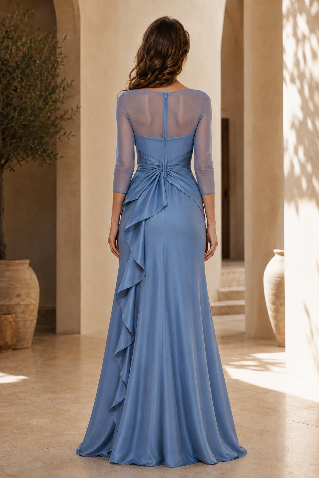 Illusion Neckline 3/4 Sleeve Side Cascade Gown