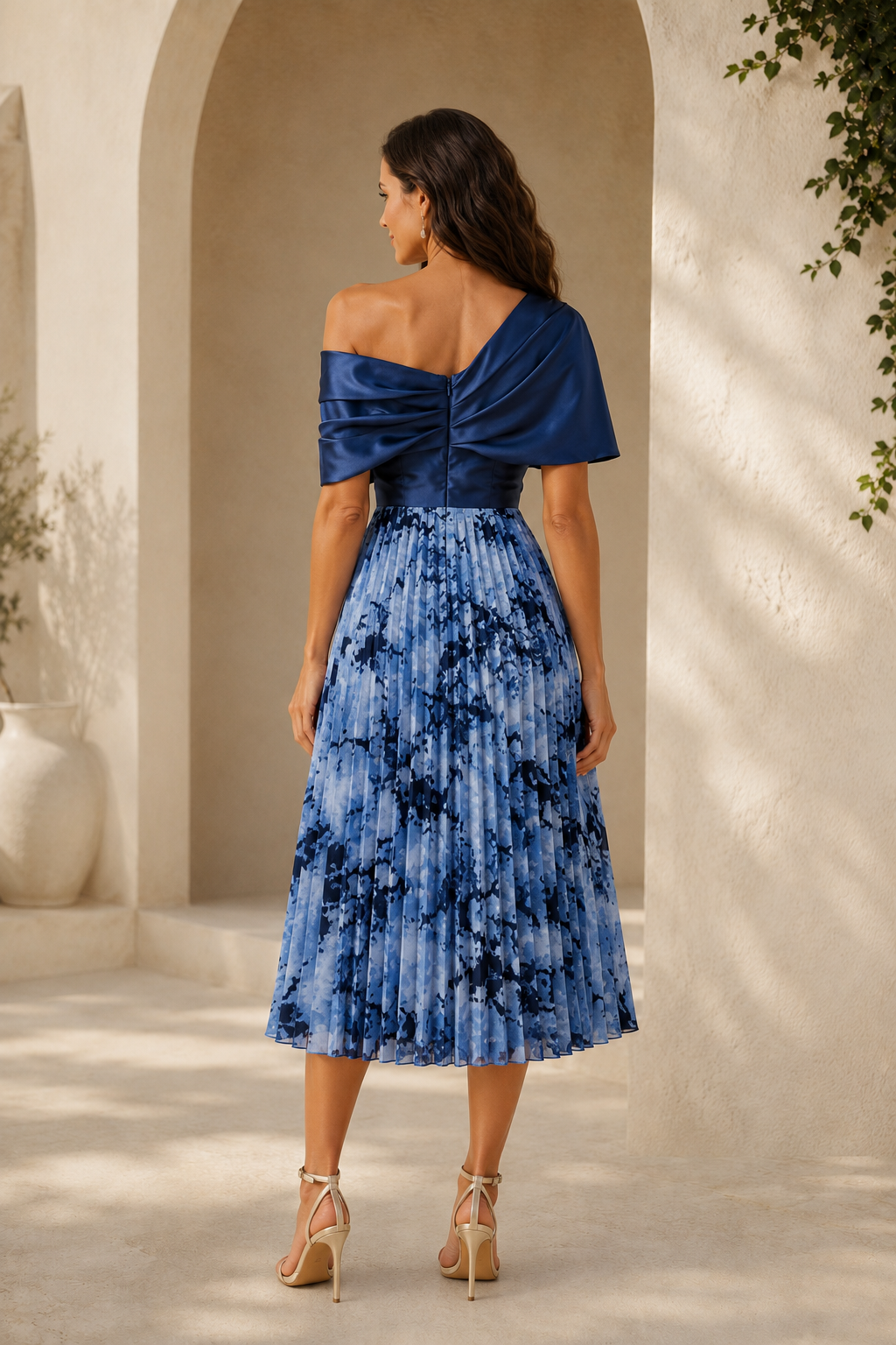 Asymmetrical One-Shoulder Pleated Midi Dress