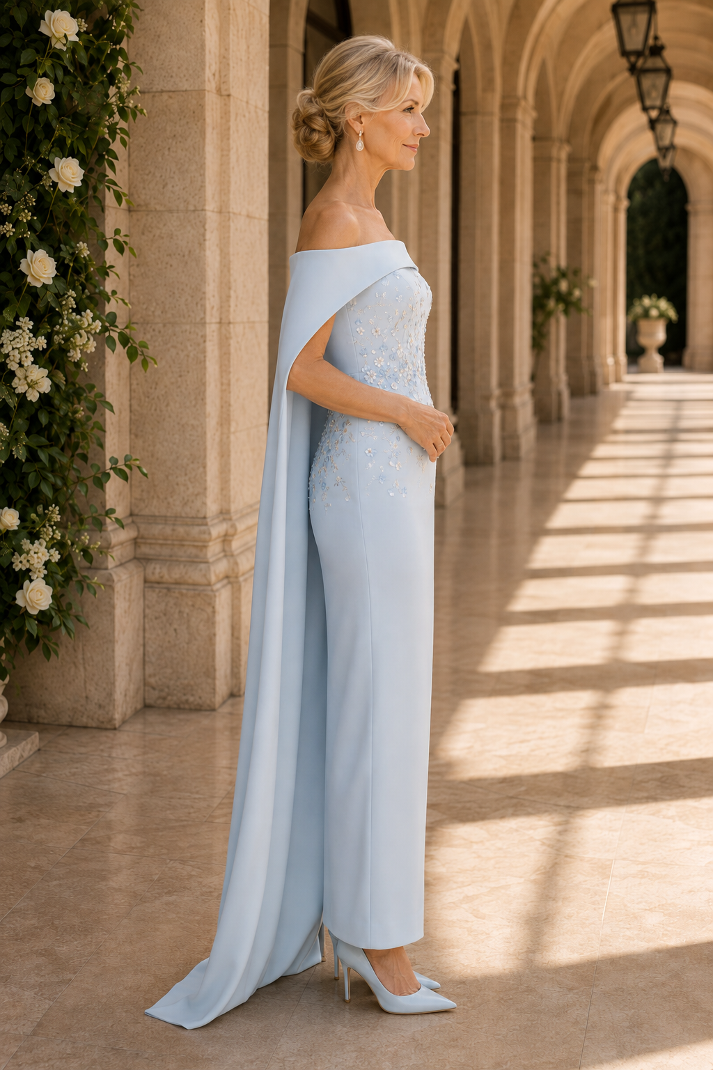 Beaded Off-the-Shoulder Cape Column Gown
