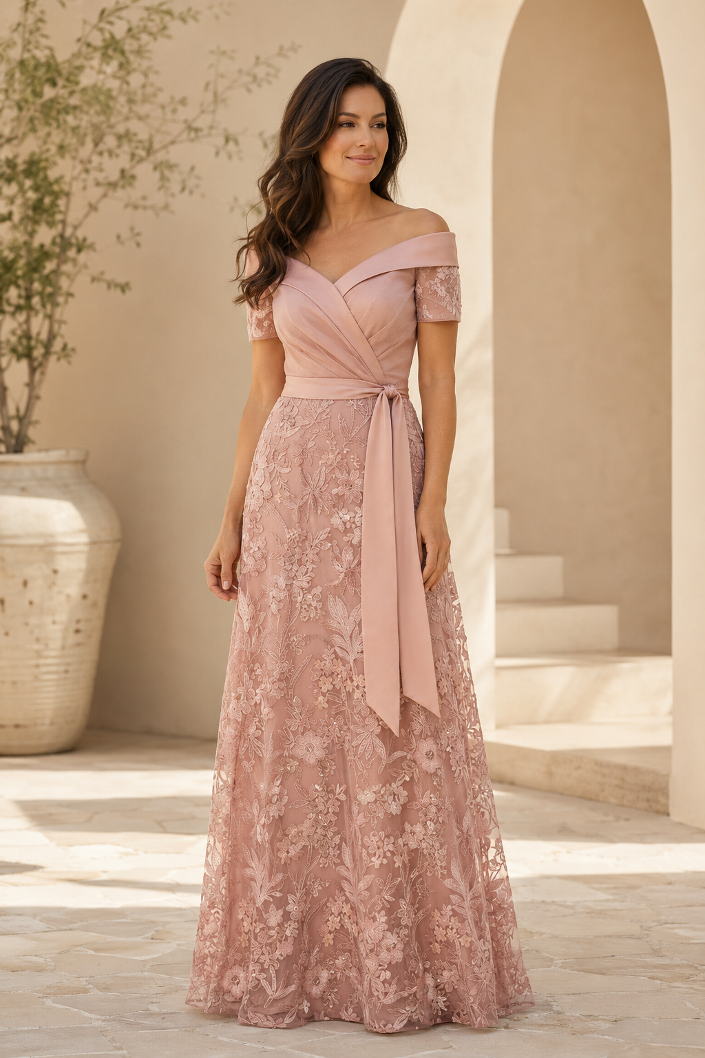 Off-the-Shoulder Lace A-Line Evening Gown with Sash