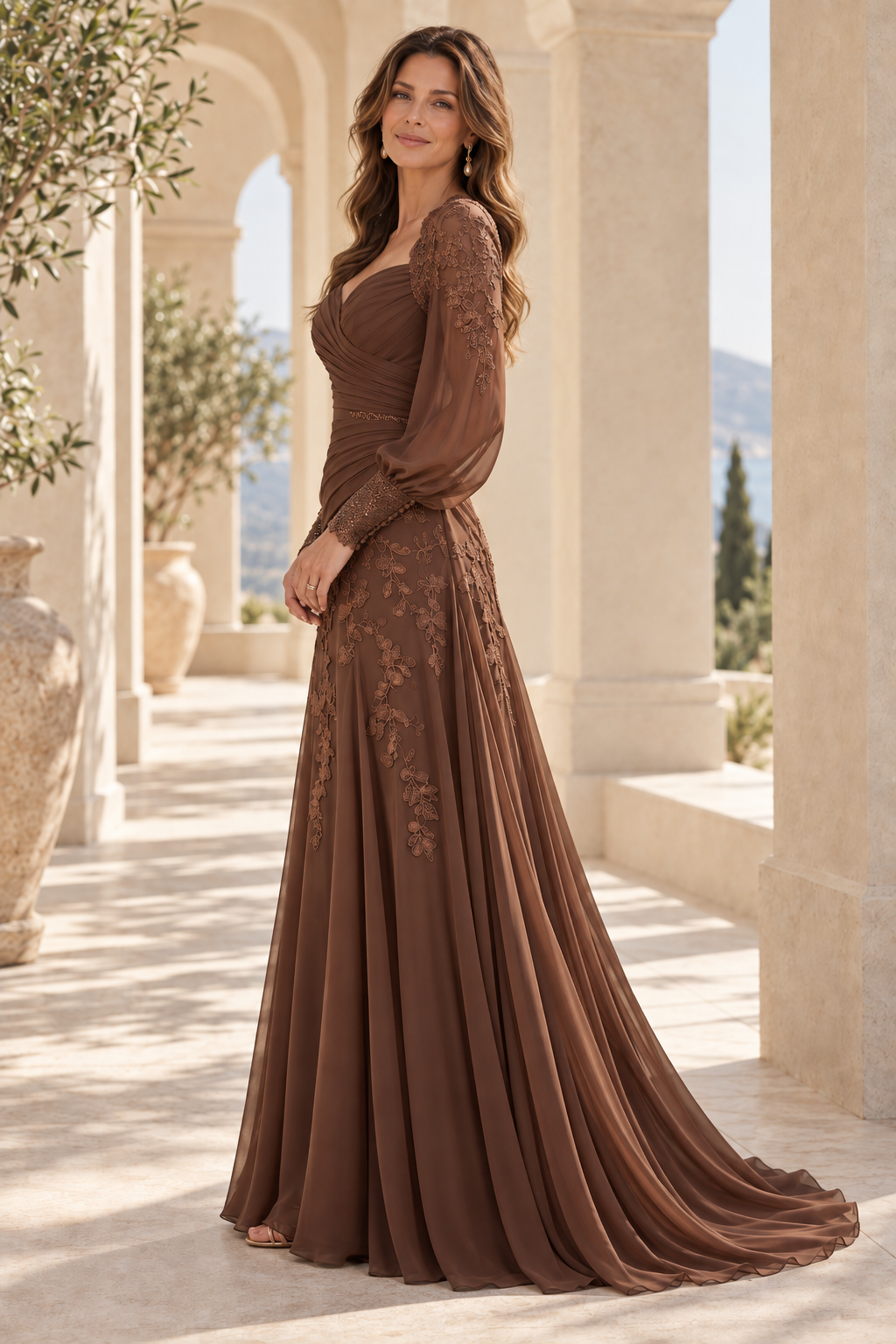 Ruched Bodice Evening Gown with Bishop Sleeves