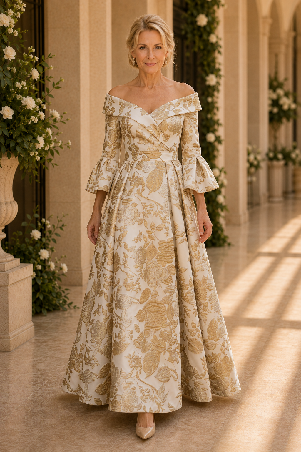 Off-the-Shoulder Brocade A-Line Evening Gown