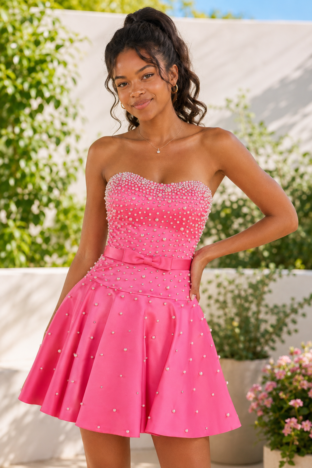 Strapless Pearl-Embellished Satin A-Line Mini Dress – Promlly