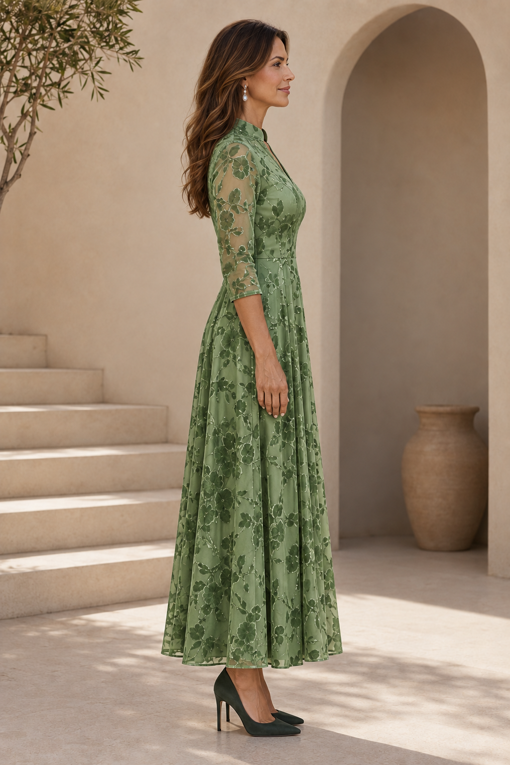 Floral Velvet 3/4 Sleeve A-Line Midi Dress