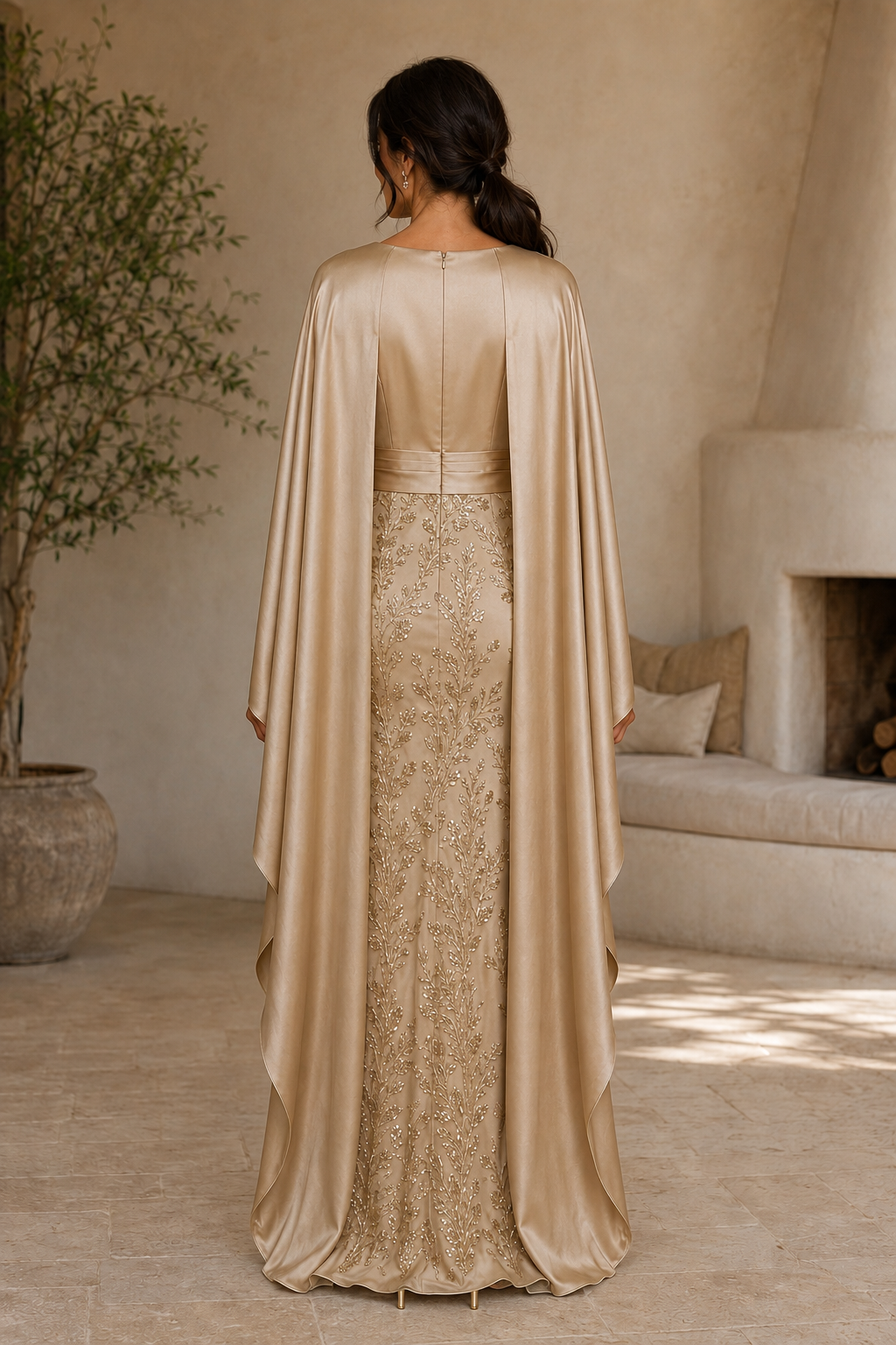 Pleated Satin Cape Gown with Embroidered Skirt