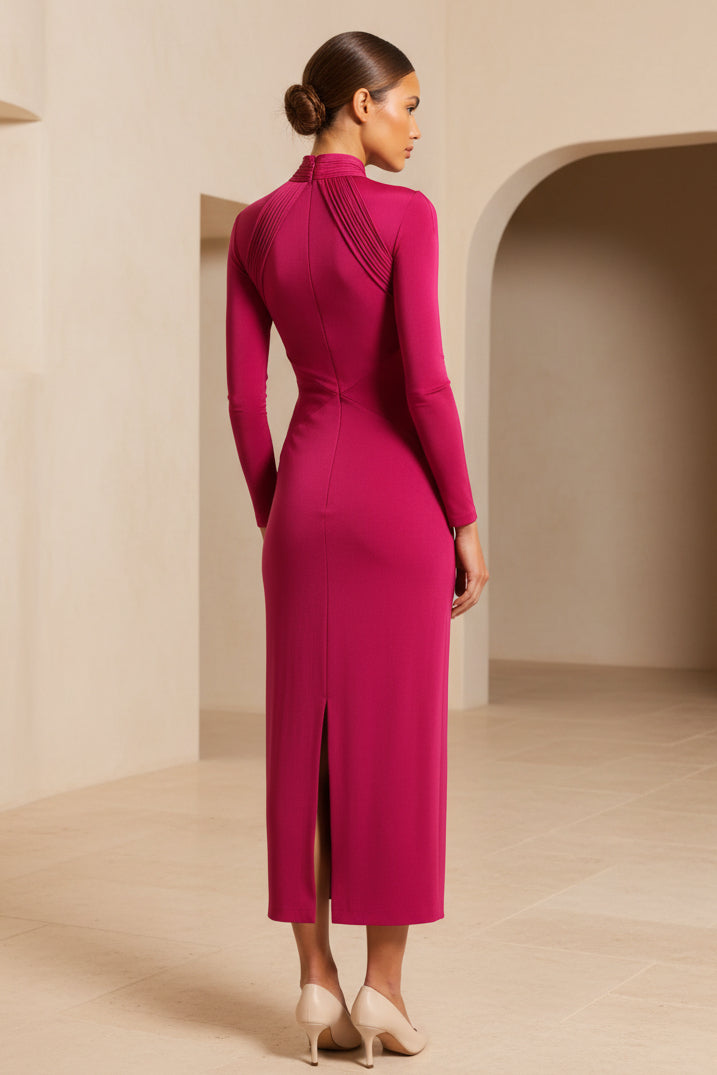 High Neck Keyhole Long Sleeve Bodycon Midi Dress