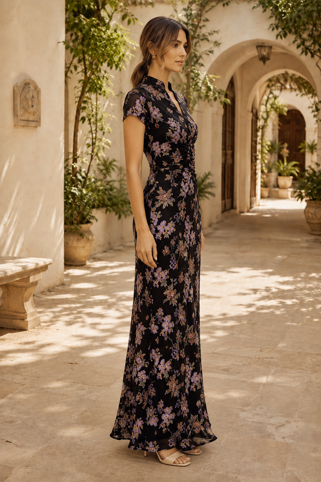 Floral Mandarin Collar Short Sleeve Maxi Dress