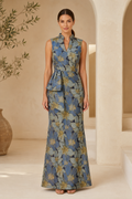 Floral Jacquard Sleeveless Gown with Stand Collar & Sash