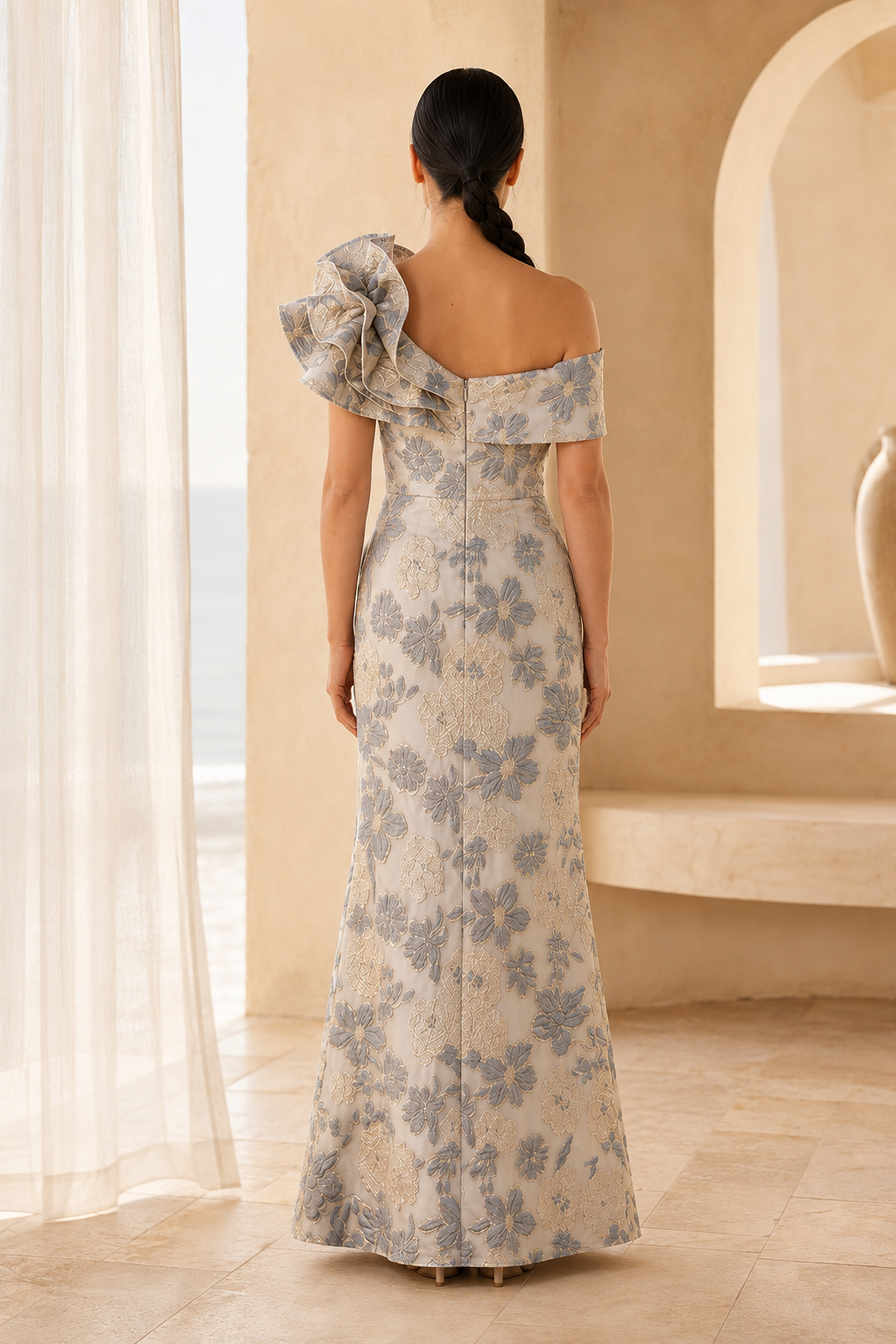 One-Shoulder Floral Jacquard Gown with Ruffle Trim