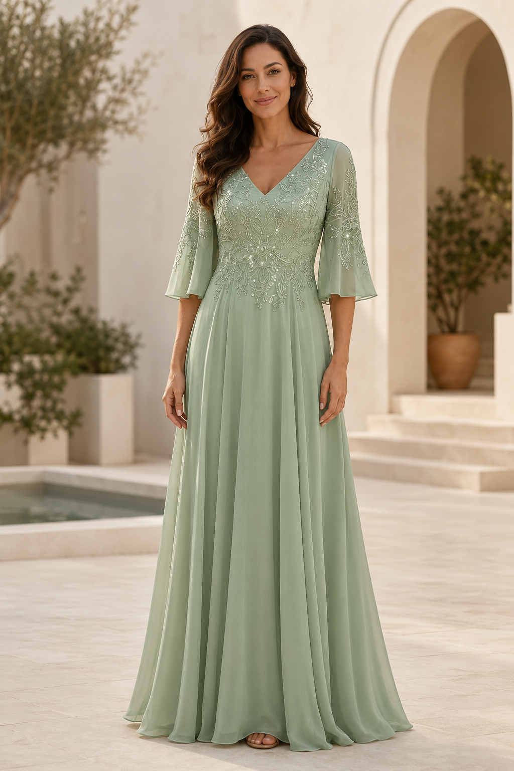 Lace Applique Chiffon A-Line Gown with Bell Sleeves