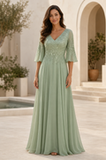 Lace Applique Chiffon A-Line Gown with Bell Sleeves